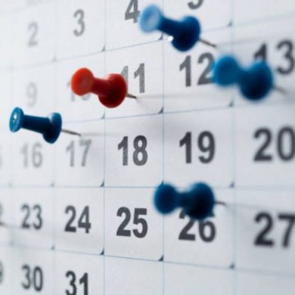 Thumbtack pins on a calendar.